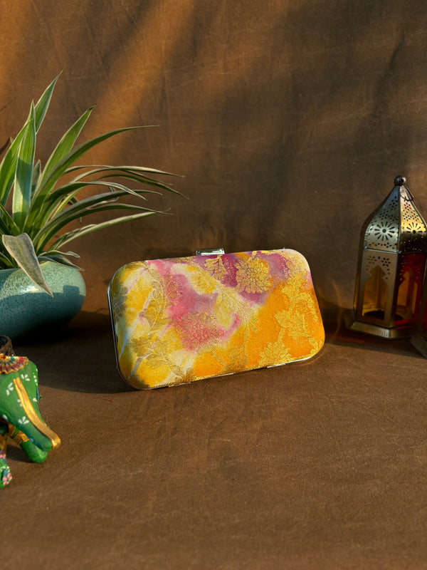 Yellow White Banarasi Party Purse with Sling