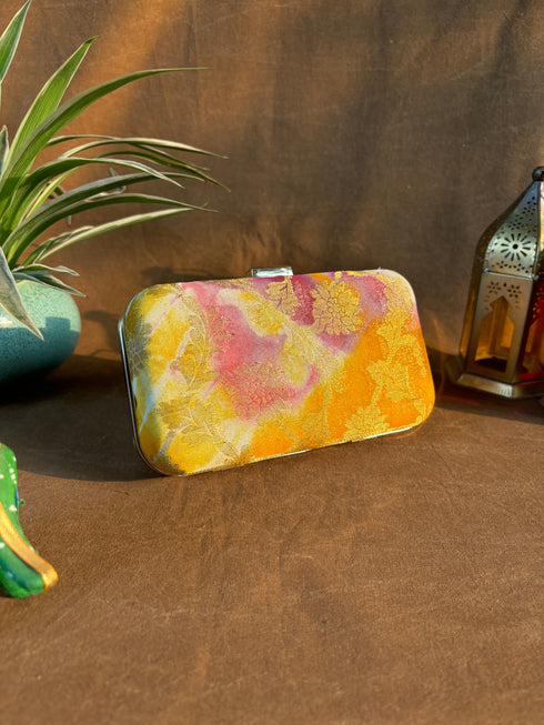 Yellow White Banarasi Party Purse with Sling