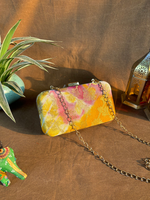 Yellow White Banarasi Party Purse with Sling