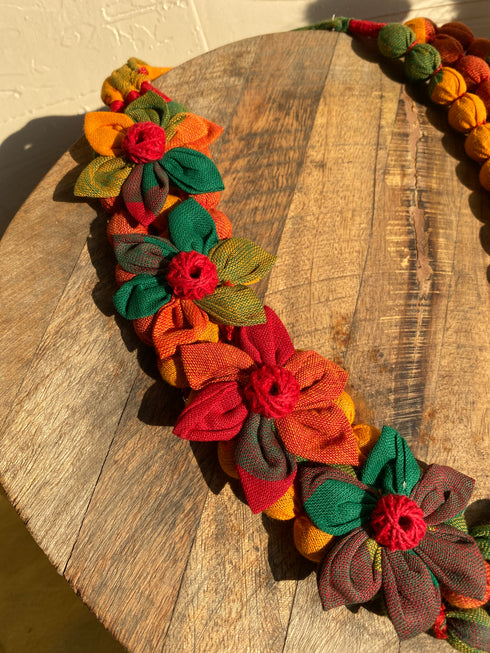 Orange Hue Flower cloth pearl necklace