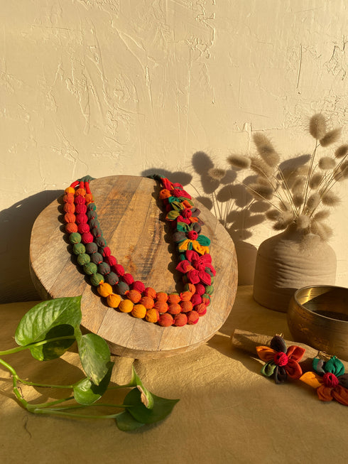 Orange Hue Flower cloth pearl necklace