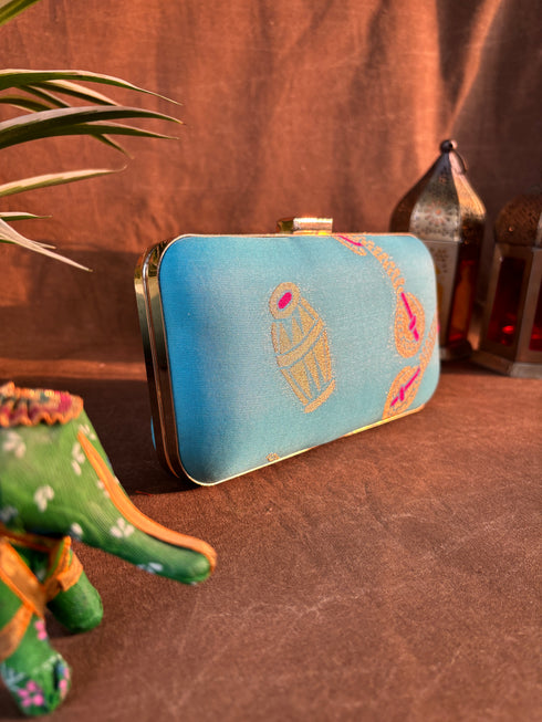 Blue Banarasi Party Purse with Sling