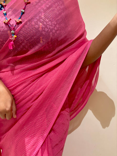 Pink Golden Zari Mul Cotton Saree