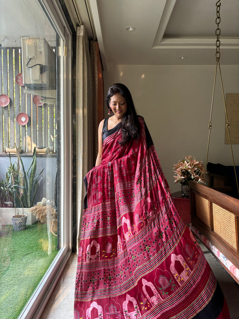 Embroidered Jharokha Cherry Modal Silk Ajrakh Saree