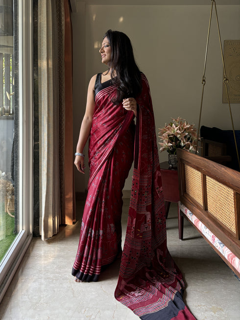 Embroidered Jharokha Cherry Modal Silk Ajrakh Saree