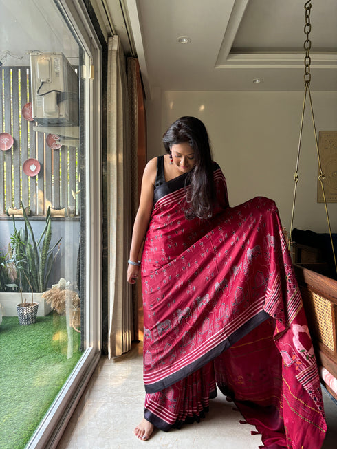 Embroidered Jharokha Cherry Modal Silk Ajrakh Saree