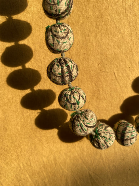 Beige Green Kantha Ball Fabric Necklace