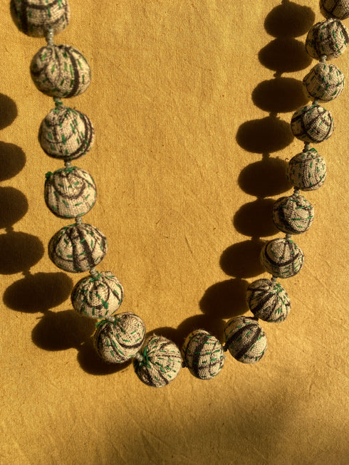 Beige Green Kantha Ball Fabric Necklace