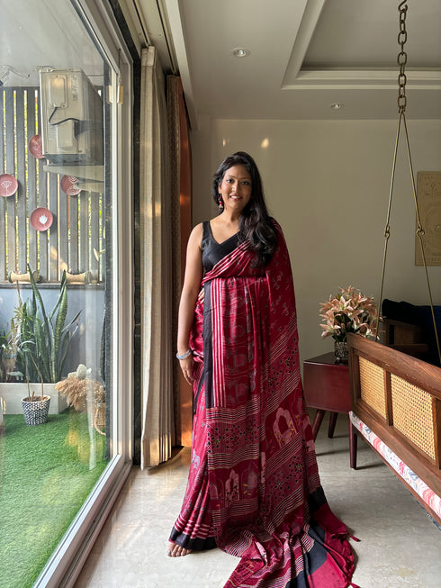 Embroidered Jharokha Cherry Modal Silk Ajrakh Saree