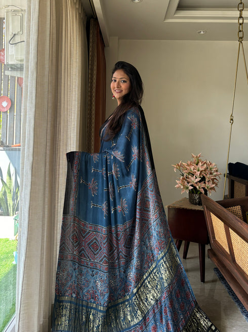 Nila Vana Tarang Modal Silk Ajrakh Saree