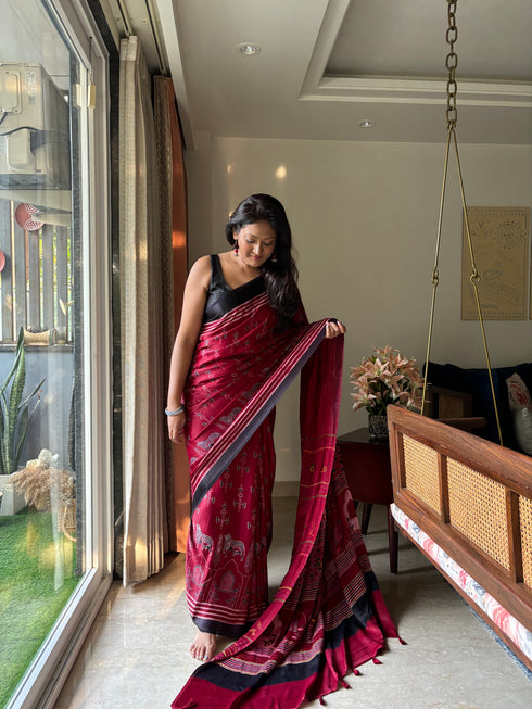 Embroidered Jharokha Cherry Modal Silk Ajrakh Saree