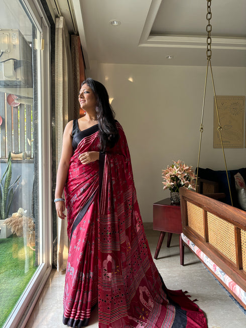 Embroidered Jharokha Cherry Modal Silk Ajrakh Saree