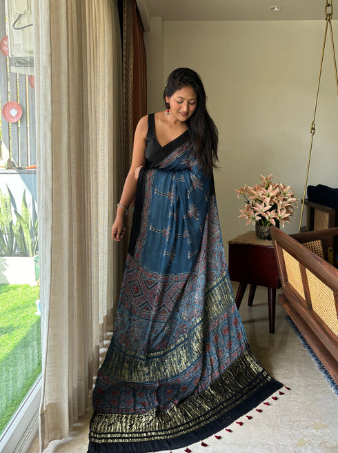 Nila Vana Tarang Modal Silk Ajrakh Saree