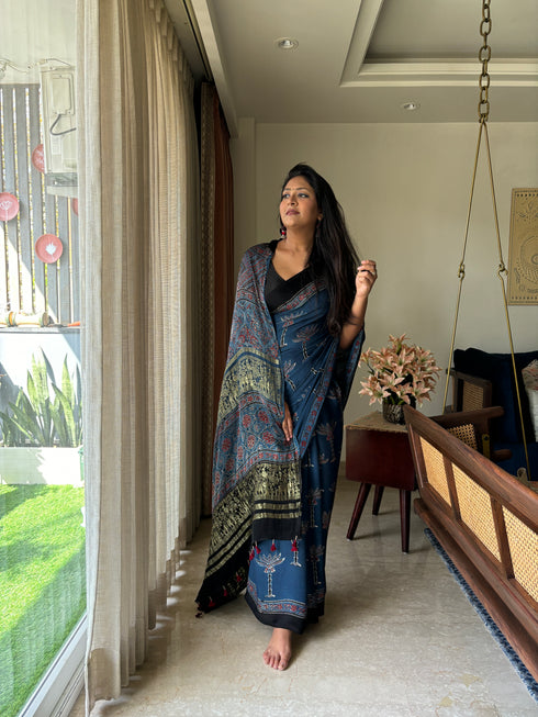 Nila Vana Tarang Modal Silk Ajrakh Saree