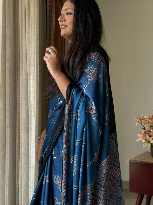 Nila Vana Tarang Modal Silk Ajrakh Saree