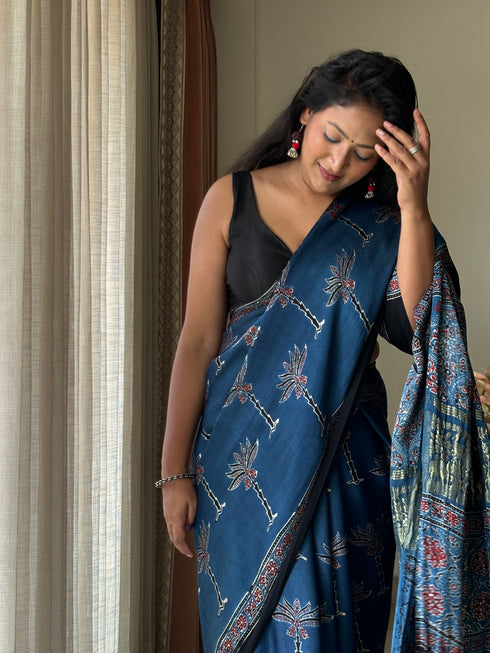 Nila Vana Tarang Modal Silk Ajrakh Saree