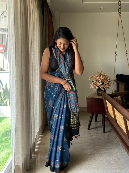 Nila Vana Tarang Modal Silk Ajrakh Saree