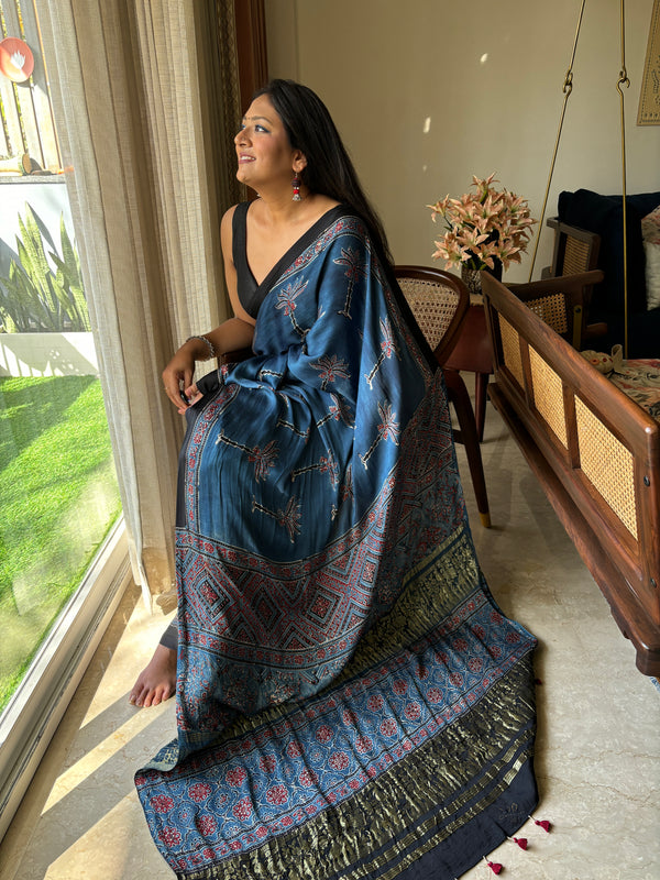 Nila Vana Tarang Modal Silk Ajrakh Saree