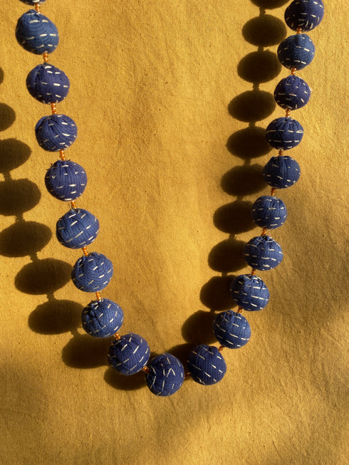 Indigo Blue Kantha Ball Long Necklace