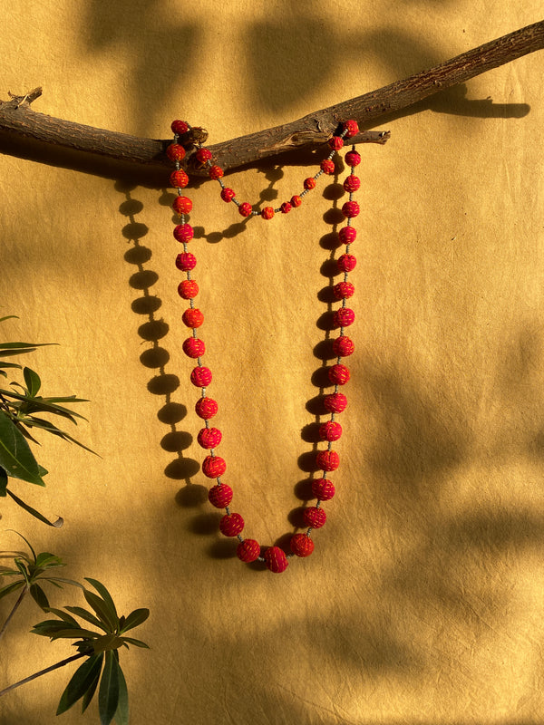 Red Yellow Kantha Ball Long Necklace