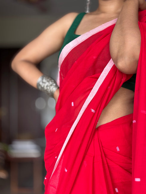 Red Jamdani Mul Cotton Saree
