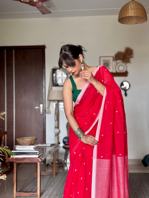 Red Jamdani Mul Cotton Saree