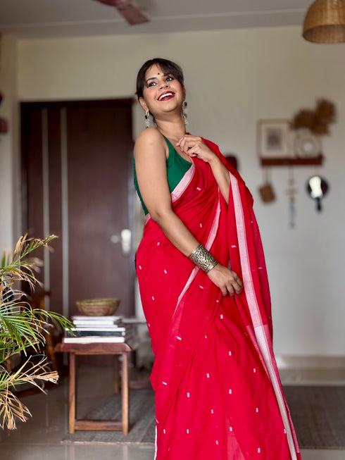 Red Jamdani Mul Cotton Saree