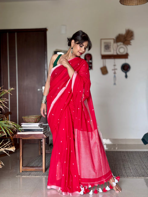 Red Jamdani Mul Cotton Saree