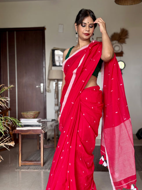 Red Jamdani Mul Cotton Saree