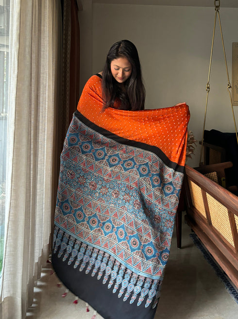 Kesar Kinara Bandhej Modal Silk Ajrakh Saree
