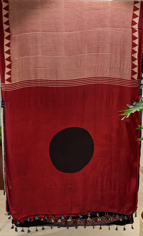 Black Bindi Red Modal Silk Ajrakh Saree