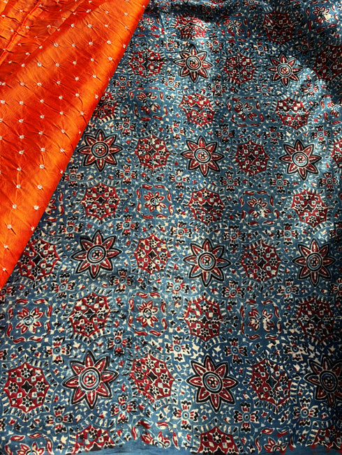 Kesar Kinara Bandhej Modal Silk Ajrakh Saree