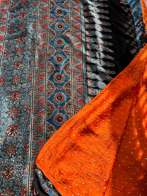 Kesar Kinara Bandhej Modal Silk Ajrakh Saree