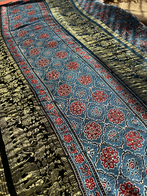 Nila Vana Tarang Modal Silk Ajrakh Saree