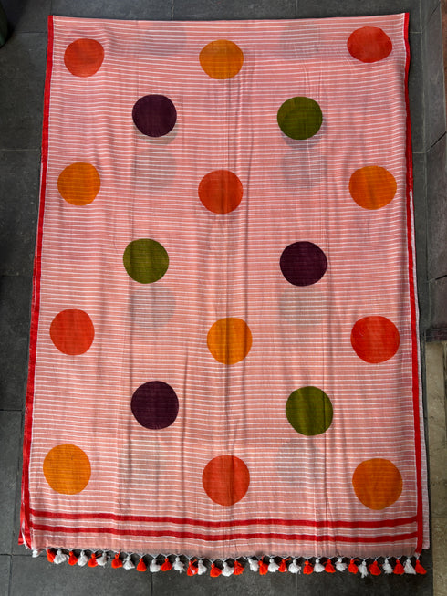 Peach Polka Mul Cotton Saree