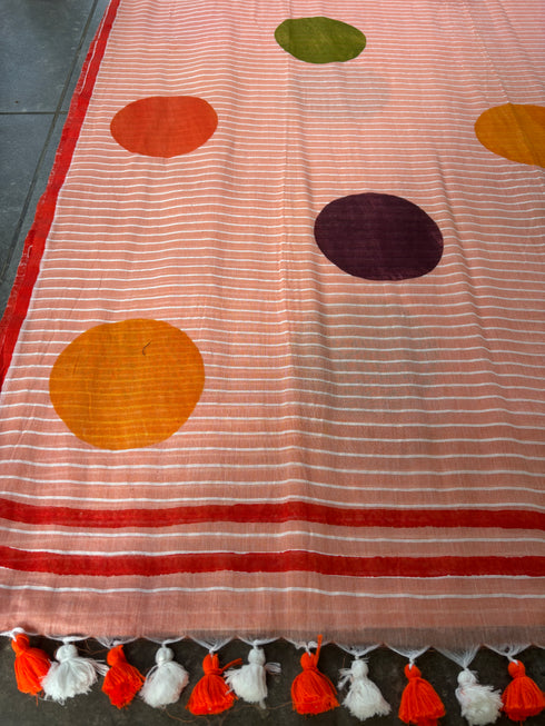 Peach Polka Mul Cotton Saree