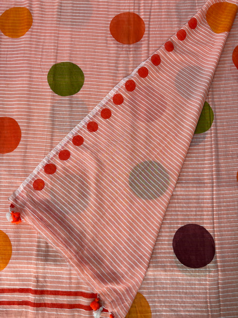 Peach Polka Mul Cotton Saree