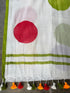 mul cotton saree with colorful polka dots and tassels on a gray surface