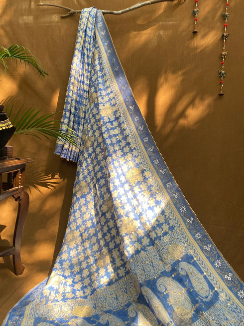 Indigo Bagh print Banarasi Silk Saree