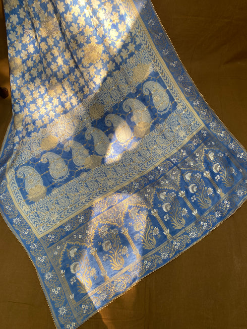 Flower Indigo Bagh Print Banarasi Saree