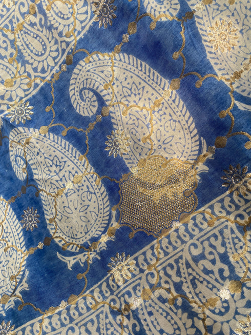 Flower Indigo Bagh Print Banarasi Saree