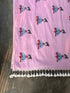 Pink mul saree with embroidered design of a girl in a blue dress by Taana Bana