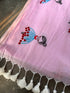 Pink mul saree with embroidered design of a girl in a blue dress by Taana Bana