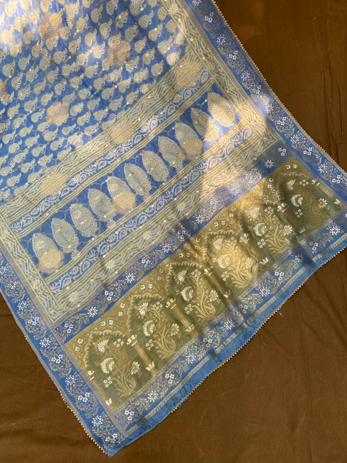 Jharokha Indigo Bagh Print Banarasi Saree
