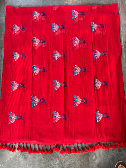 Phool Pari Red Mul Cotton Saree