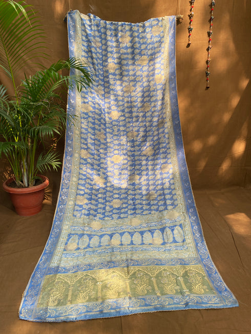 Jharokha Indigo Bagh Print Banarasi Saree