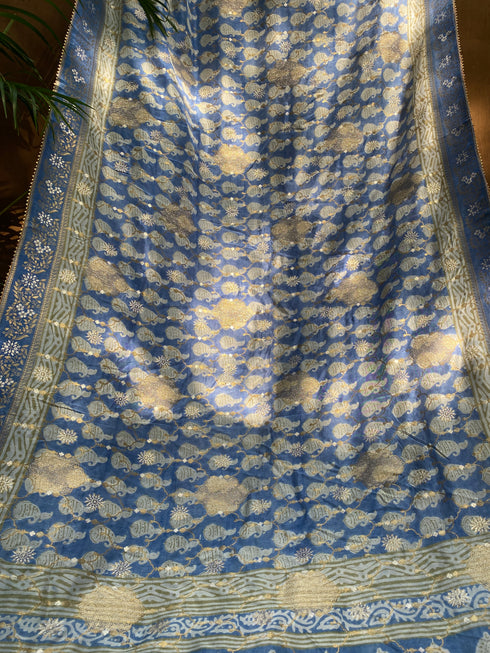 Jharokha Indigo Bagh Print Banarasi Saree