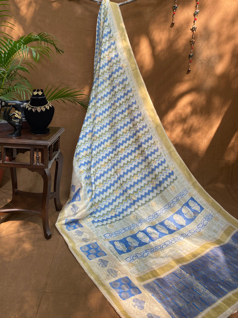 Indigo Bagh print Banarasi Silk Saree