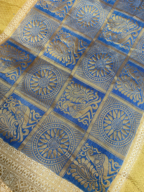Peacock Indigo Bagh Print Banarasi Saree
