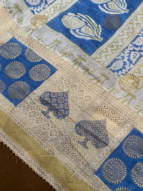 Peacock Indigo Bagh Print Banarasi Saree